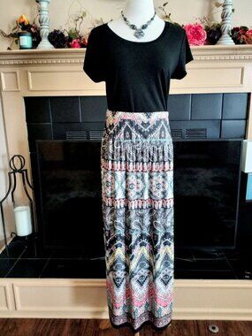One World Medallion Paisley Maxi Skirt L Black Multi Pull On Elastic Waist Boho